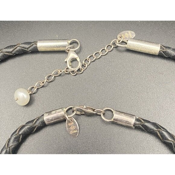 Necklace & Bracelet Set Sterling Silver Freshwater Pearls Braided Black Leather - Picture 6 of 7